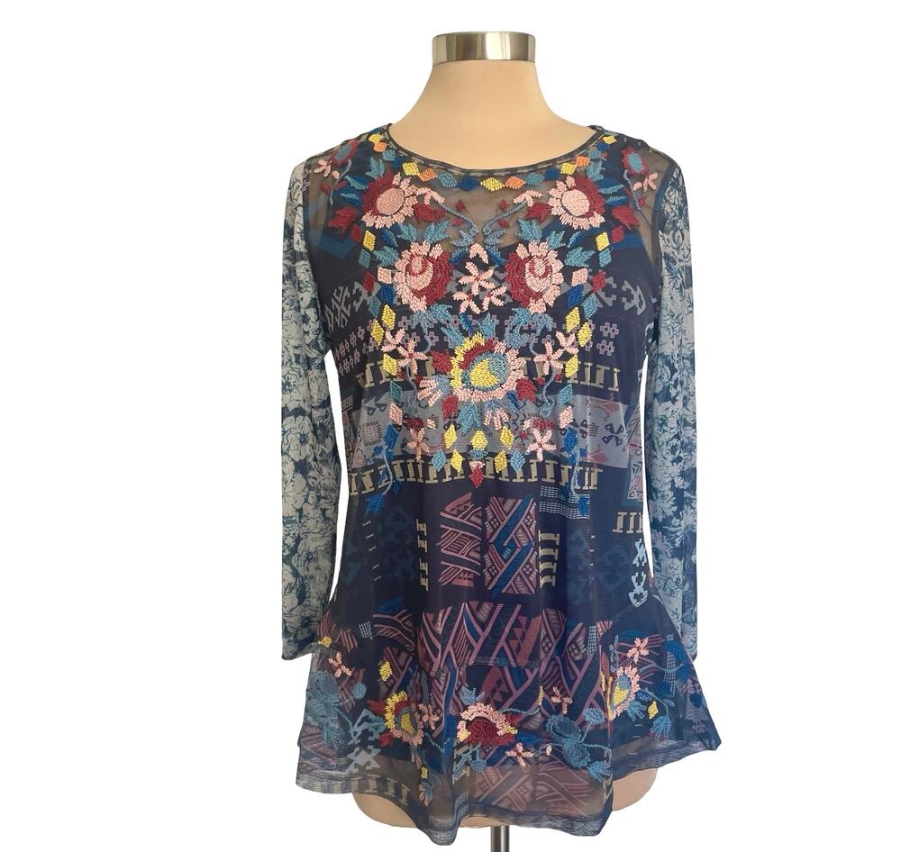 John Mark Sheer Mesh Floral Embroidered Tunic Blue Multicolor Size M Boho